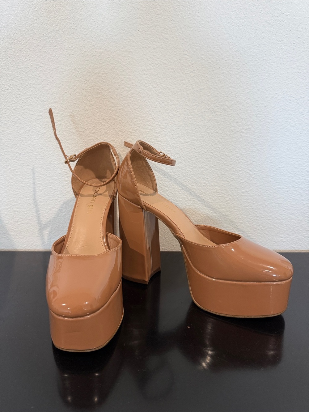 Madden Girl patent platform ankle-strap pumps